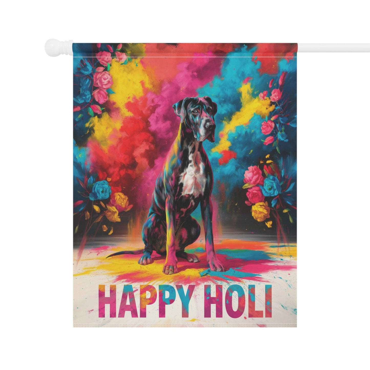 Printify Home Decor Great Dane Black Holi Garden Flag, Indian Spring Festival, Dog Lovers Yard Outside Decor