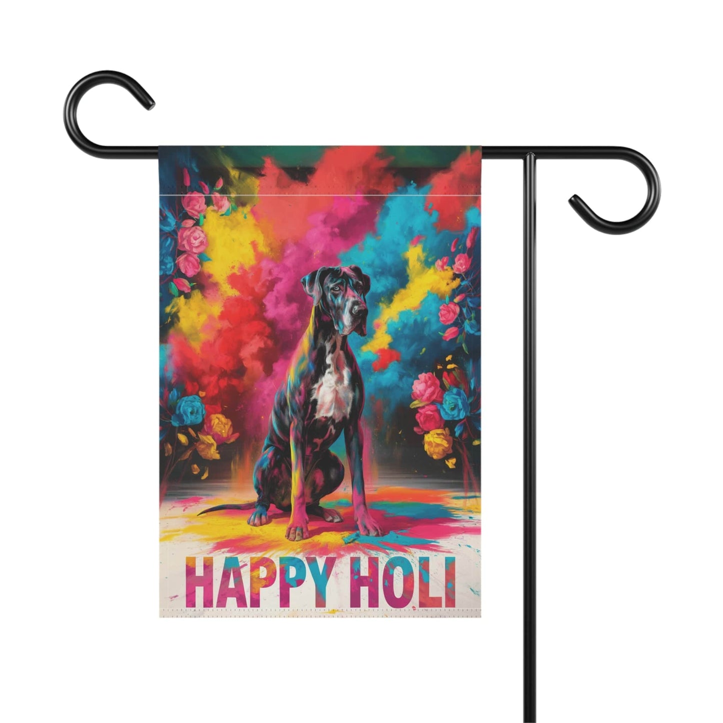 Printify Home Decor Great Dane Black Holi Garden Flag, Indian Spring Festival, Dog Lovers Yard Outside Decor