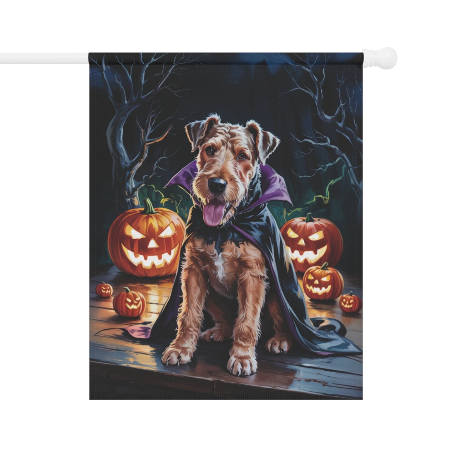 Printify Home Decor 24.5'' × 32'' Halloween Airedale Terrier Dog Garden Flag – Vampire Pumpkin Yard Banner, Fall Outdoor Decor, 12x18 Double-Sided