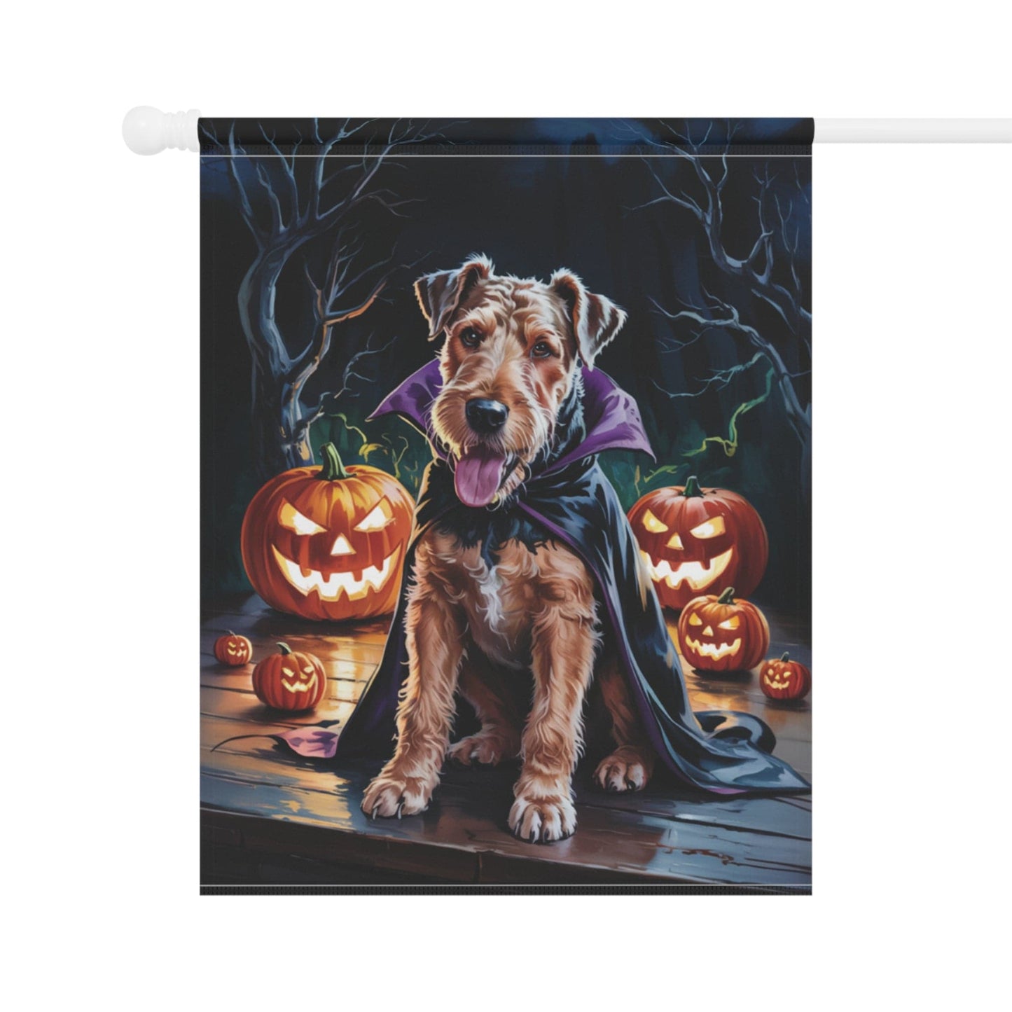 Printify Home Decor Halloween Airedale Terrier Dog Garden Flag – Vampire Pumpkin Yard Banner, Fall Outdoor Decor, 12x18 Double-Sided