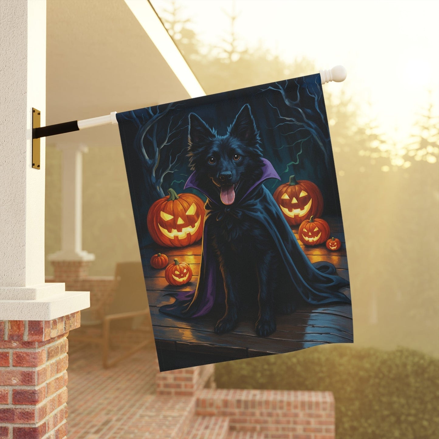 Printify Home Decor Halloween Black Mudi Dog Garden Flag – Vampire Pumpkin Yard Banner, Fall Outdoor Decor, 12x18 Double-Sided