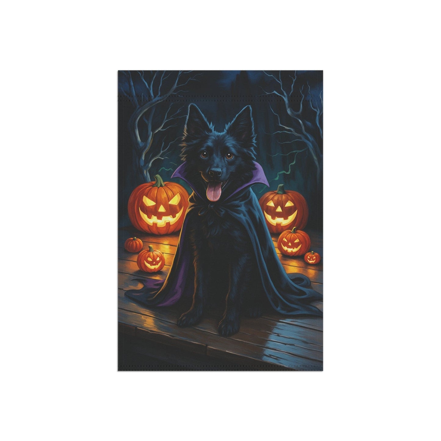 Printify Home Decor Halloween Black Mudi Dog Garden Flag – Vampire Pumpkin Yard Banner, Fall Outdoor Decor, 12x18 Double-Sided