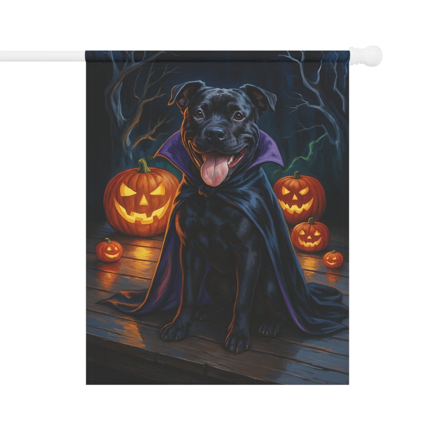 Printify Home Decor 24.5'' × 32'' Halloween Black Staffordshire Bull Terrier Dog Garden Flag – Vampire Pumpkin Yard Banner, Fall Outdoor Decor, 12x18 Double-Sided