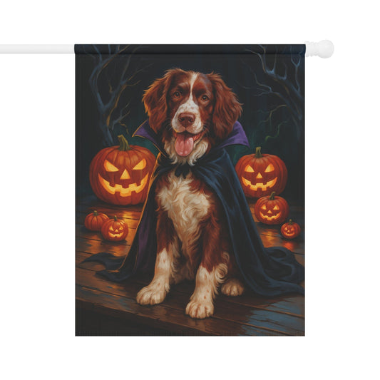Halloween Brown Springer Spaniel Dog Garden Flag – Vampire Pumpkin Yard Banner, Fall Outdoor Decor, 12x18 Double-Sided 24.5'' × 32''