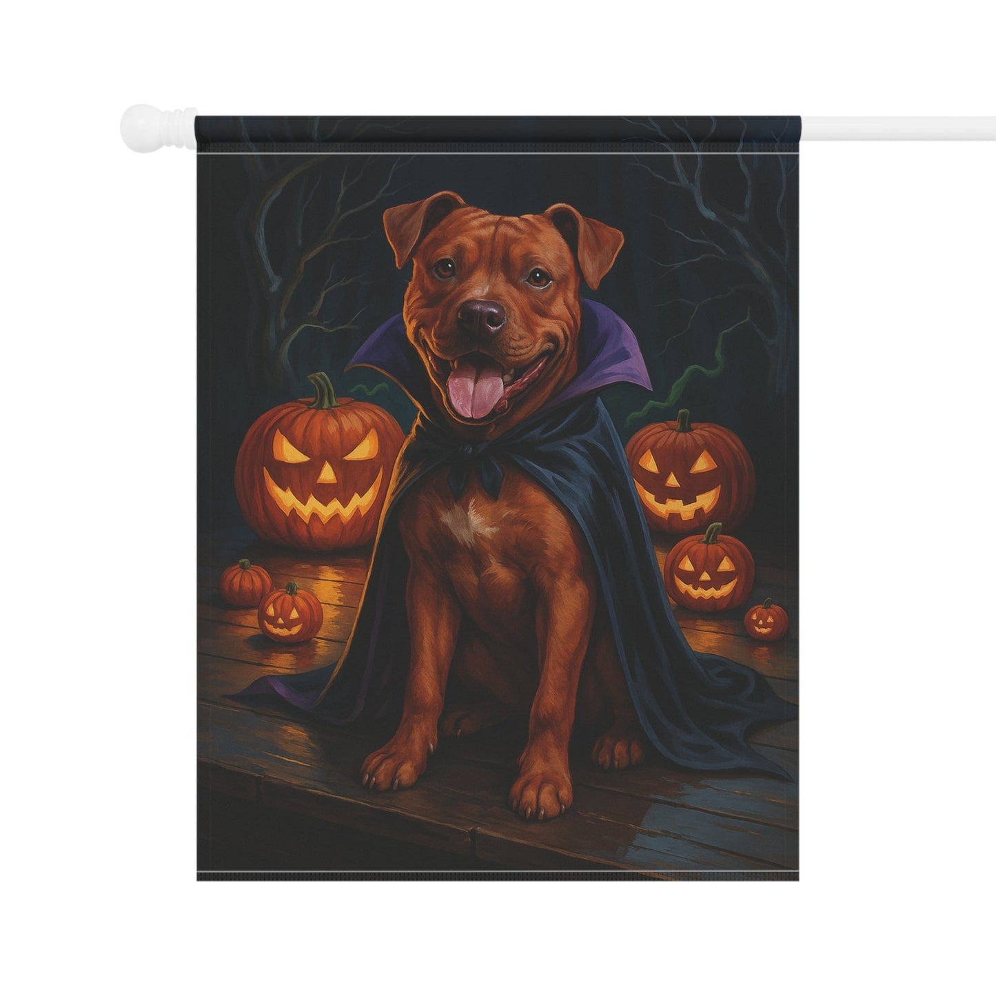 Printify Home Decor Halloween Brown Staffordshire Bull Terrier Dog Garden Flag – Vampire Pumpkin Yard Banner, Fall Outdoor Decor, 12x18 Double-Sided