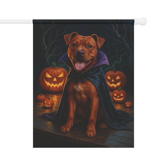 Halloween Brown Staffordshire Bull Terrier Dog Garden Flag – Vampire Pumpkin Yard Banner, Fall Outdoor Decor, 12x18 Double-Sided 24.5'' × 32''