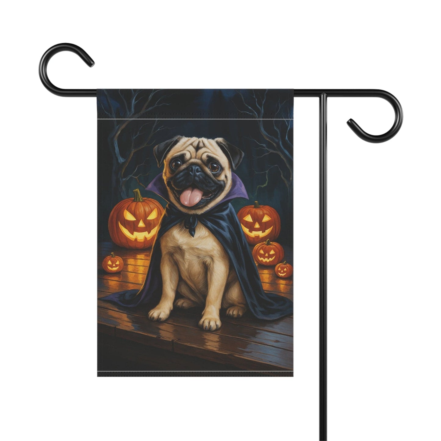 Printify Home Decor Halloween Fawn Pug Dog Garden Flag, Vampire Pumpkin Yard Banner, Fall Outdoor Decor
