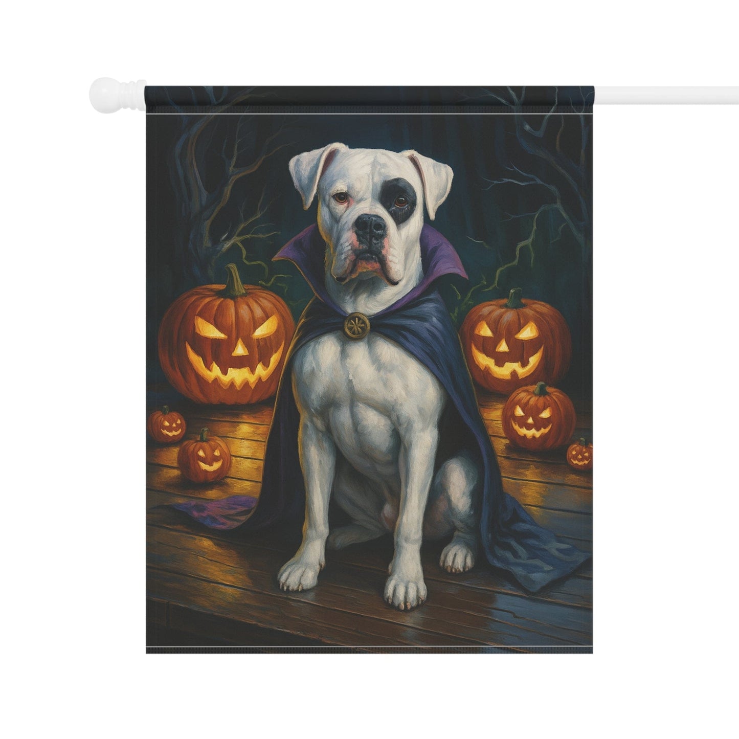 Printify Home Decor Halloween Patched Boxer Dog Garden Flag – Vampire Pumpkin Yard Banner, Fall Outdoor Decor, 12x18 Double-Sided