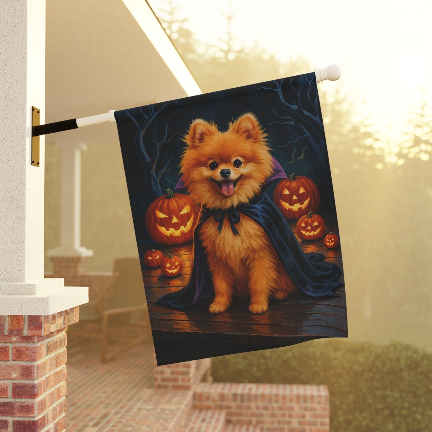 Printify Home Decor Halloween Pomeranian Dog Garden Flag – Vampire Pumpkin Yard Banner, Fall Outdoor Decor