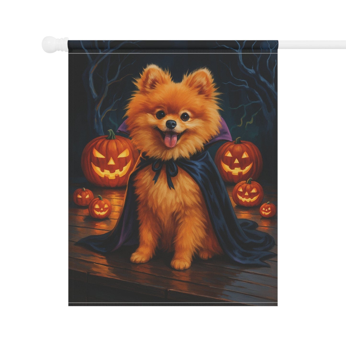 Printify Home Decor Halloween Pomeranian Dog Garden Flag – Vampire Pumpkin Yard Banner, Fall Outdoor Decor