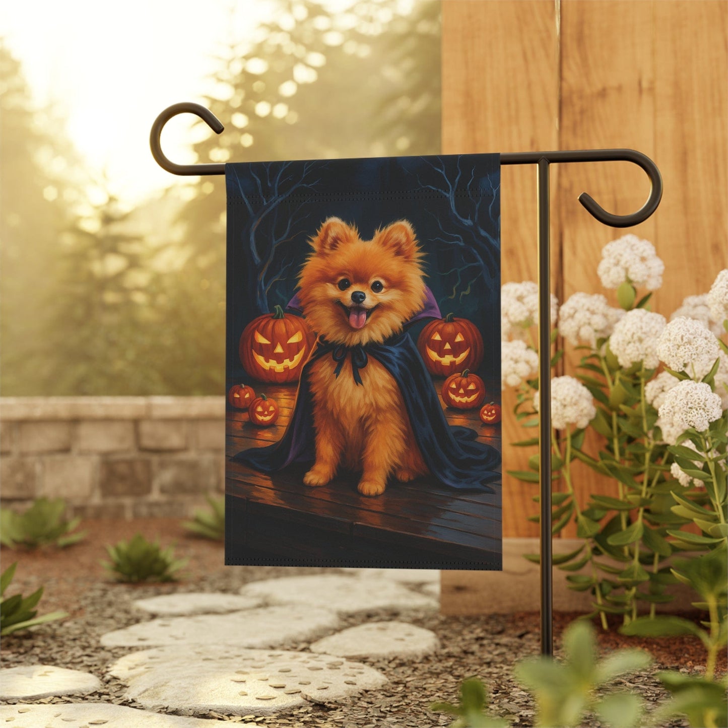 Printify Home Decor Halloween Pomeranian Dog Garden Flag – Vampire Pumpkin Yard Banner, Fall Outdoor Decor