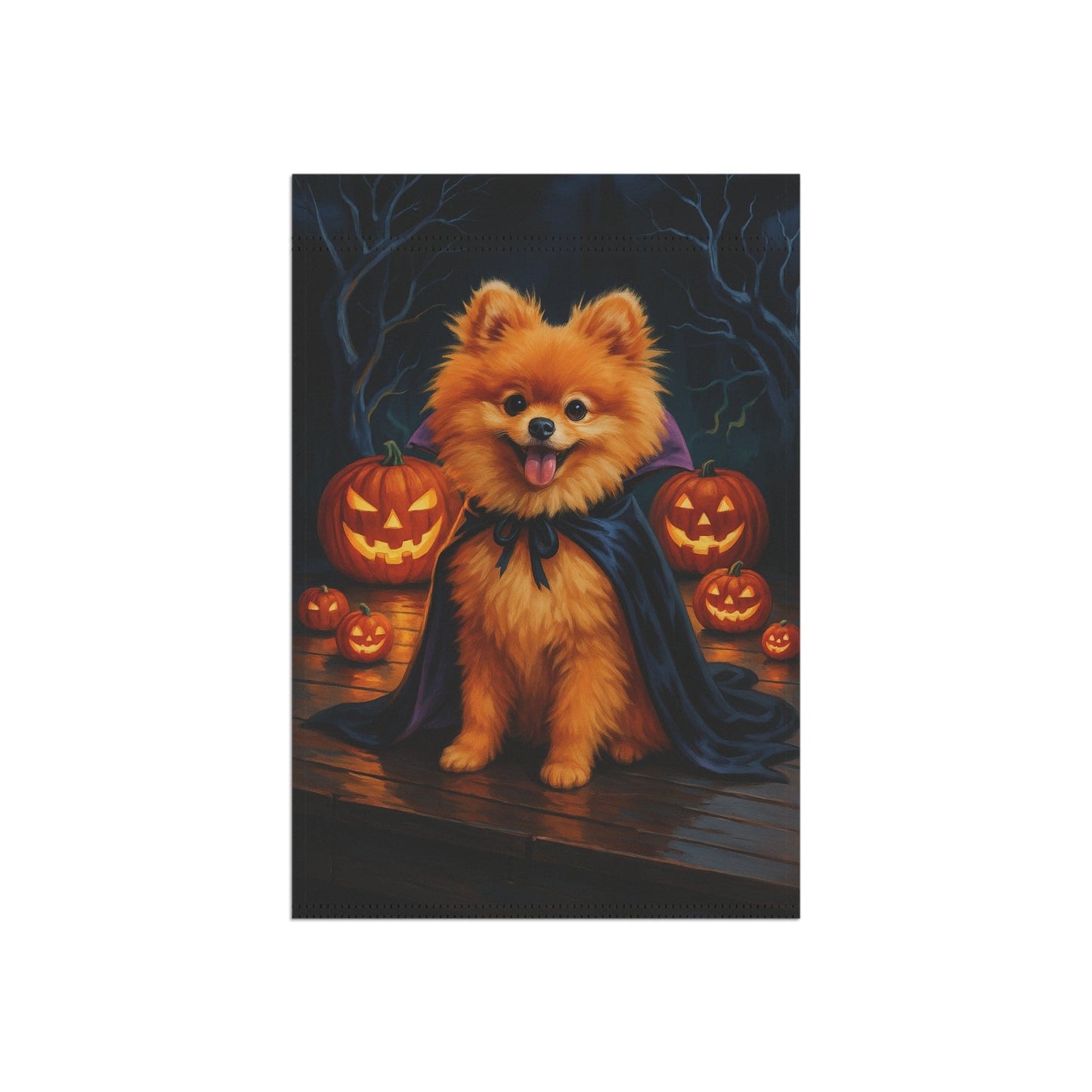 Printify Home Decor Halloween Pomeranian Dog Garden Flag – Vampire Pumpkin Yard Banner, Fall Outdoor Decor