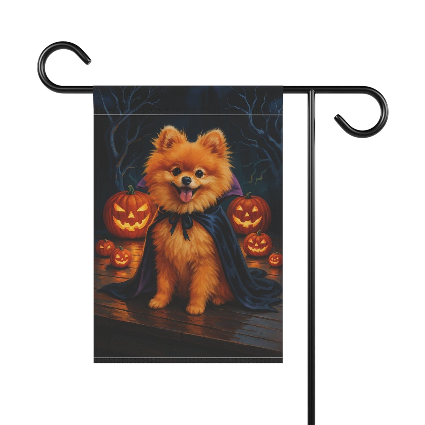 Printify Home Decor Halloween Pomeranian Dog Garden Flag – Vampire Pumpkin Yard Banner, Fall Outdoor Decor