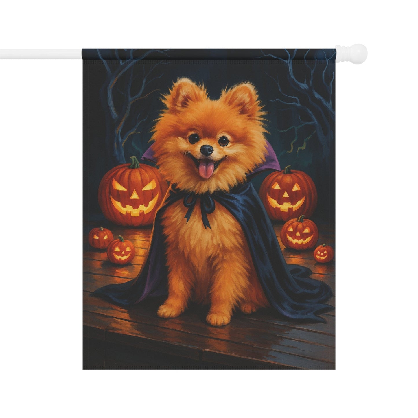 Printify Home Decor 24.5'' × 32'' Halloween Pomeranian Dog Garden Flag – Vampire Pumpkin Yard Banner, Fall Outdoor Decor