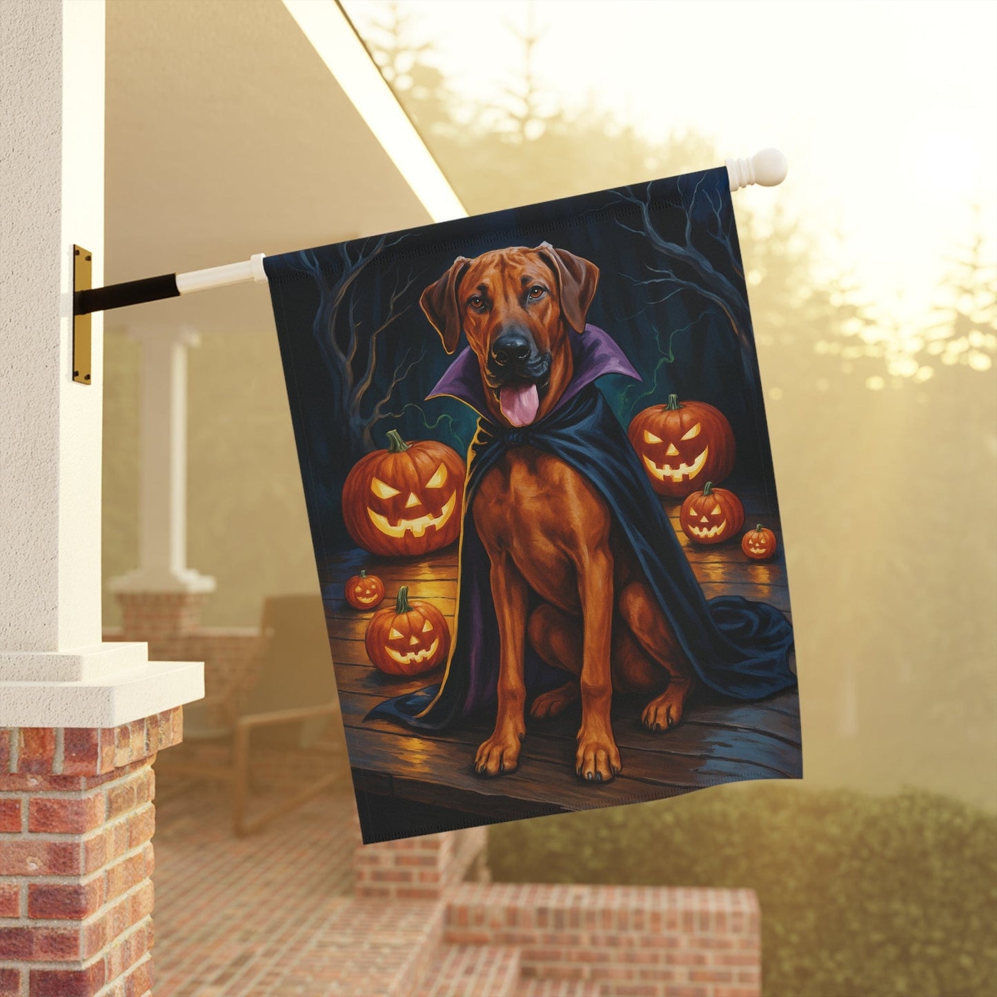 Printify Home Decor Halloween Rhodesian Ridgeback Dog Garden Flag, Vampire Pumpkin Yard Banner