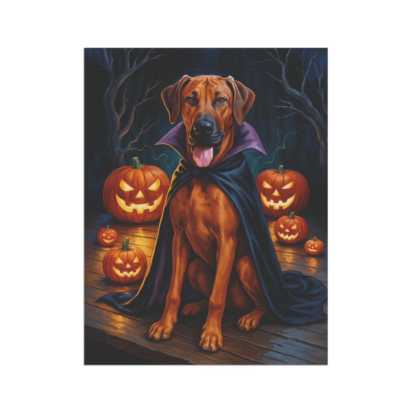 Printify Home Decor Halloween Rhodesian Ridgeback Dog Garden Flag, Vampire Pumpkin Yard Banner