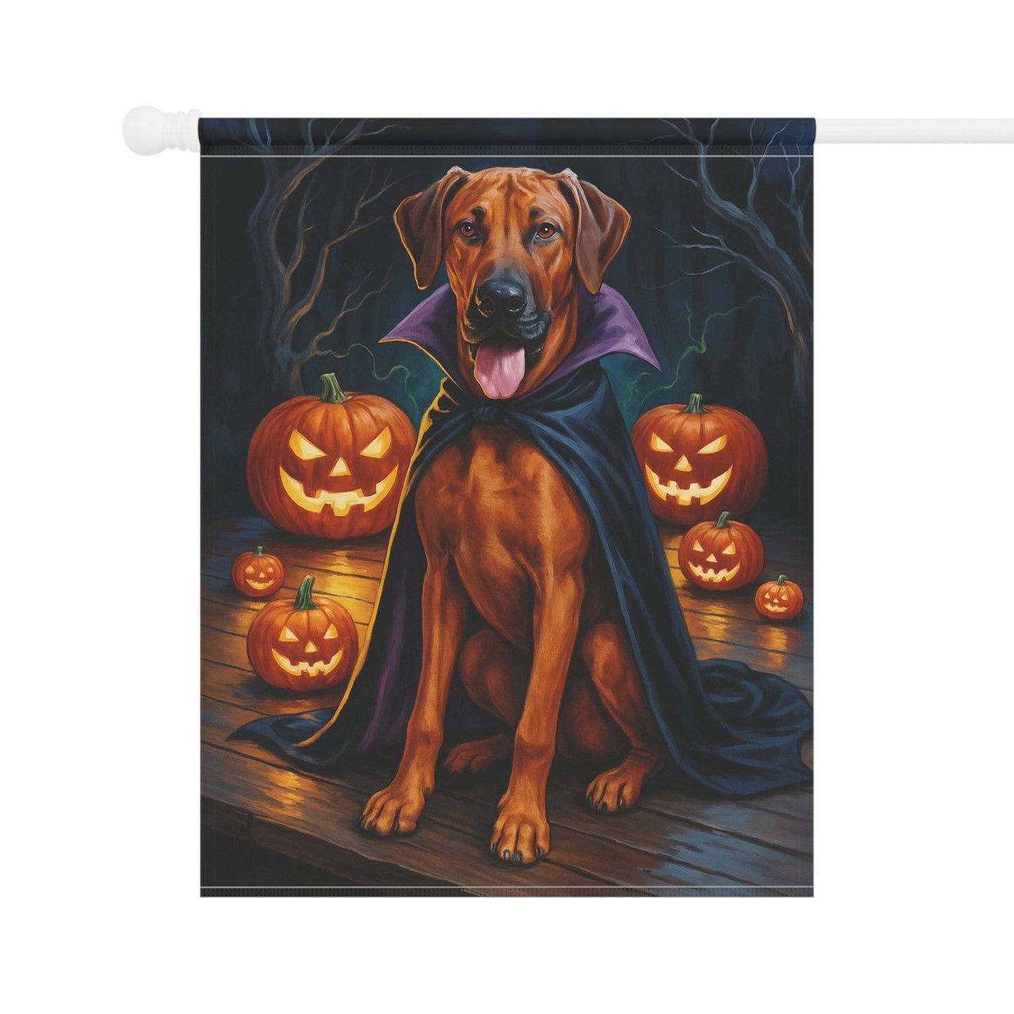 Printify Home Decor Halloween Rhodesian Ridgeback Dog Garden Flag, Vampire Pumpkin Yard Banner