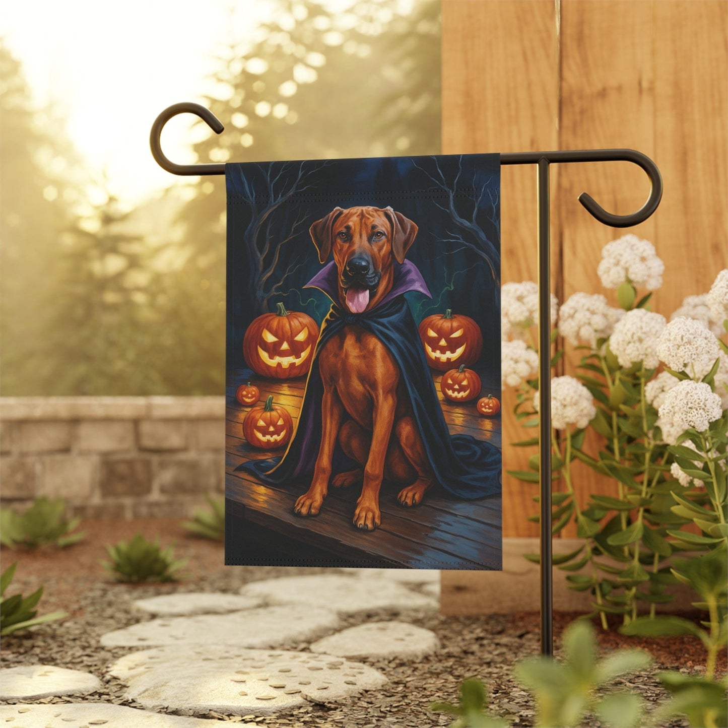 Printify Home Decor Halloween Rhodesian Ridgeback Dog Garden Flag, Vampire Pumpkin Yard Banner