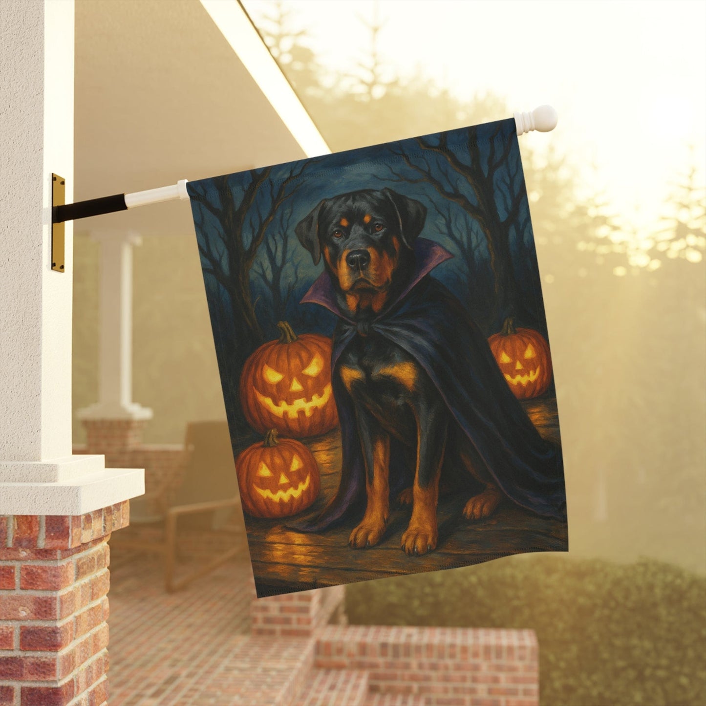 Printify Home Decor Halloween Rottweiler Dog Garden Flag, Vampire Pumpkin Yard Banner, Fall Outdoor Decor