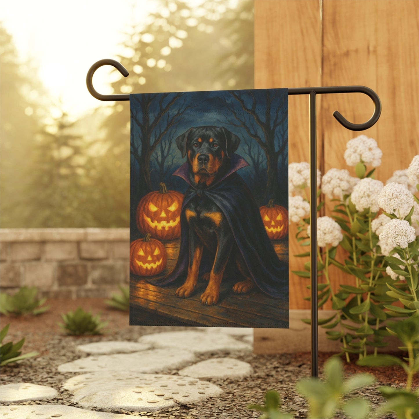Printify Home Decor Halloween Rottweiler Dog Garden Flag, Vampire Pumpkin Yard Banner, Fall Outdoor Decor