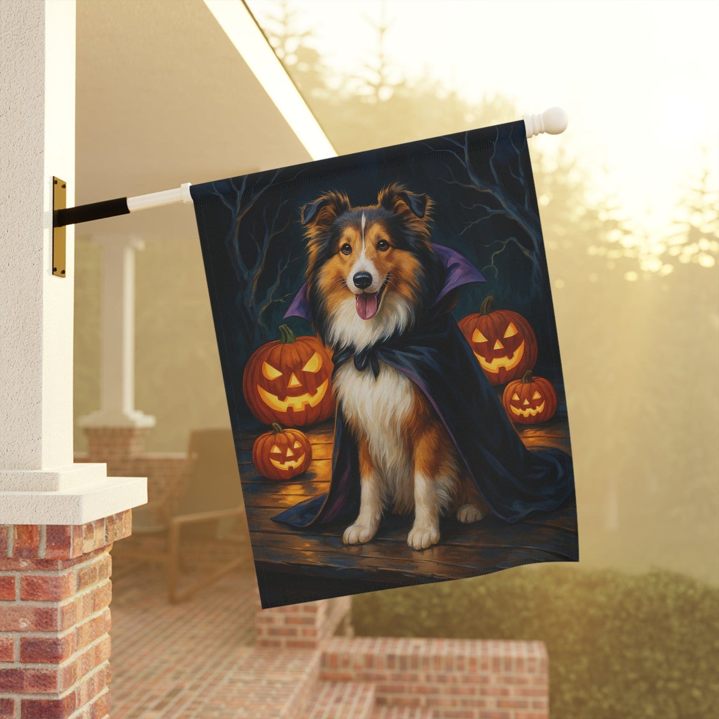 Printify Home Decor Halloween Shetland Sheepdog, Sheltie Dog Garden Flag, Vampire Pumpkin Yard Banner