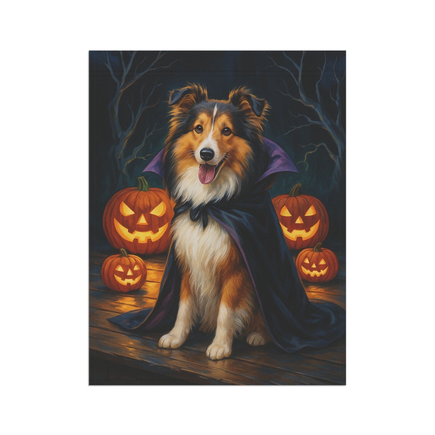 Printify Home Decor Halloween Shetland Sheepdog, Sheltie Dog Garden Flag, Vampire Pumpkin Yard Banner