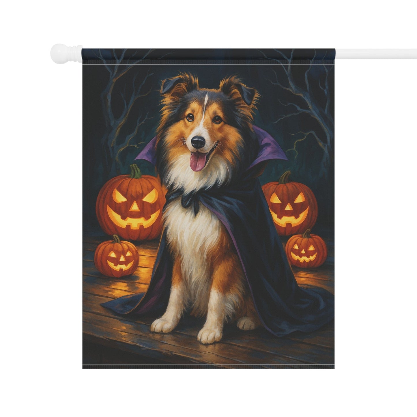 Printify Home Decor Halloween Shetland Sheepdog, Sheltie Dog Garden Flag, Vampire Pumpkin Yard Banner