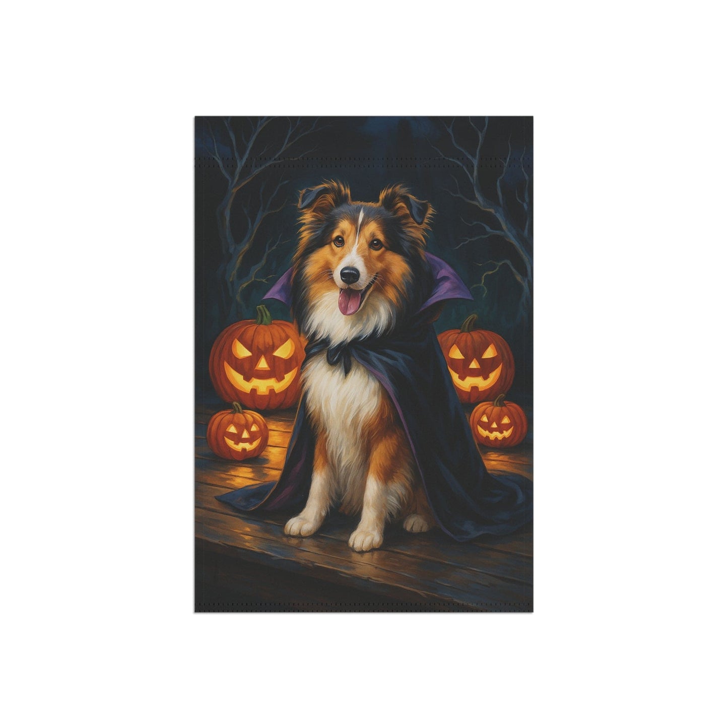 Printify Home Decor Halloween Shetland Sheepdog, Sheltie Dog Garden Flag, Vampire Pumpkin Yard Banner