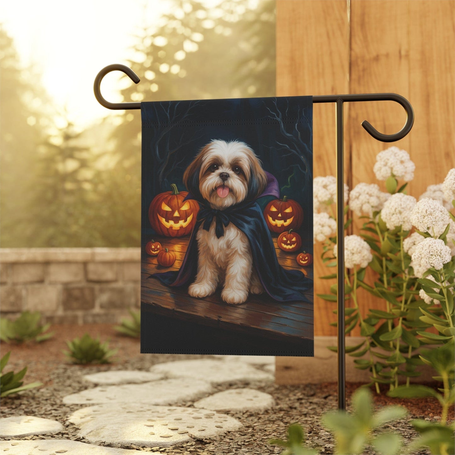 Printify Home Decor Halloween Shih Tzu Dog Garden Flag, Vampire Pumpkin Yard Banner, Fall Outdoor Decor