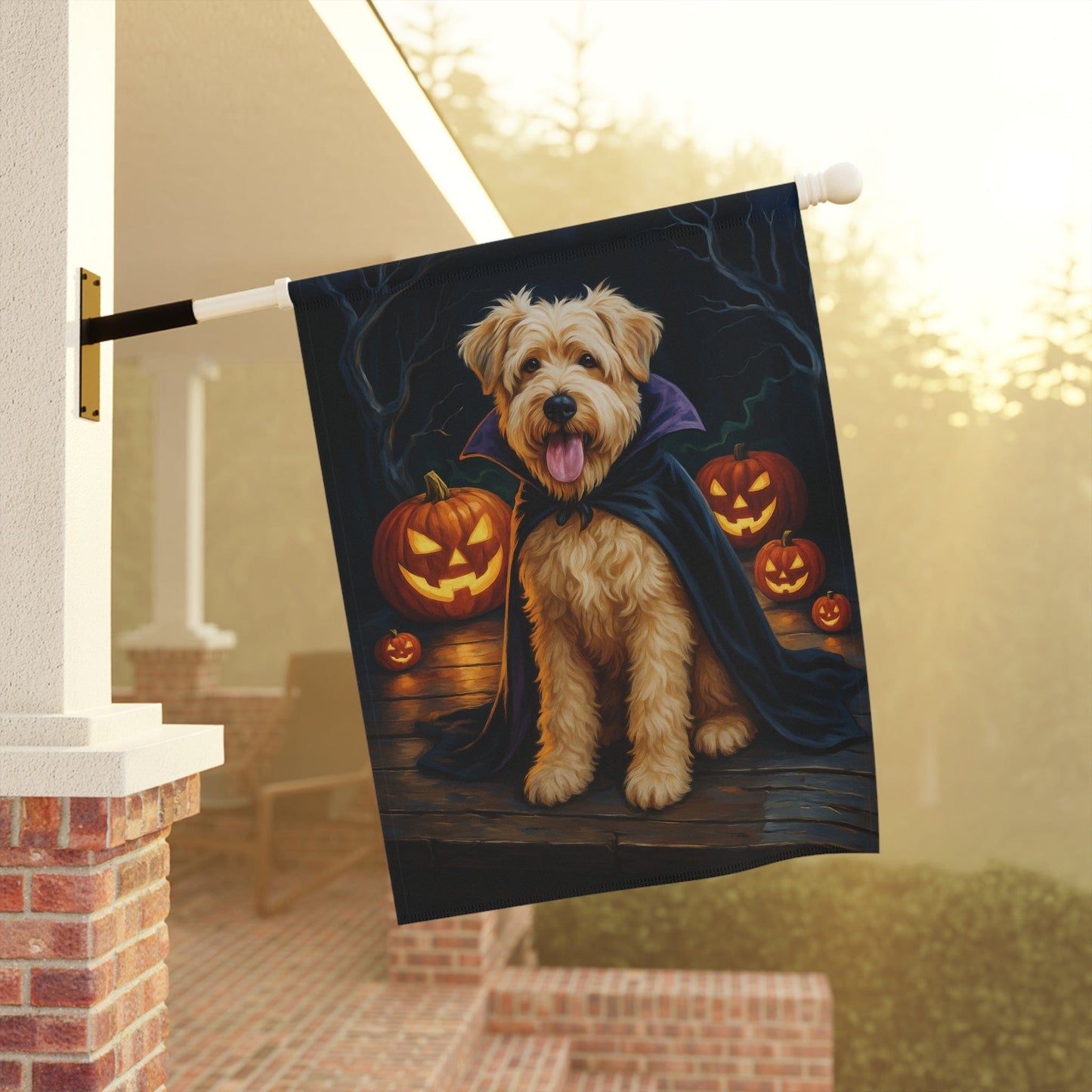 Printify Home Decor Halloween Wheaten Dog Garden Flag – Vampire Pumpkin Yard Banner, Fall Outdoor Decor