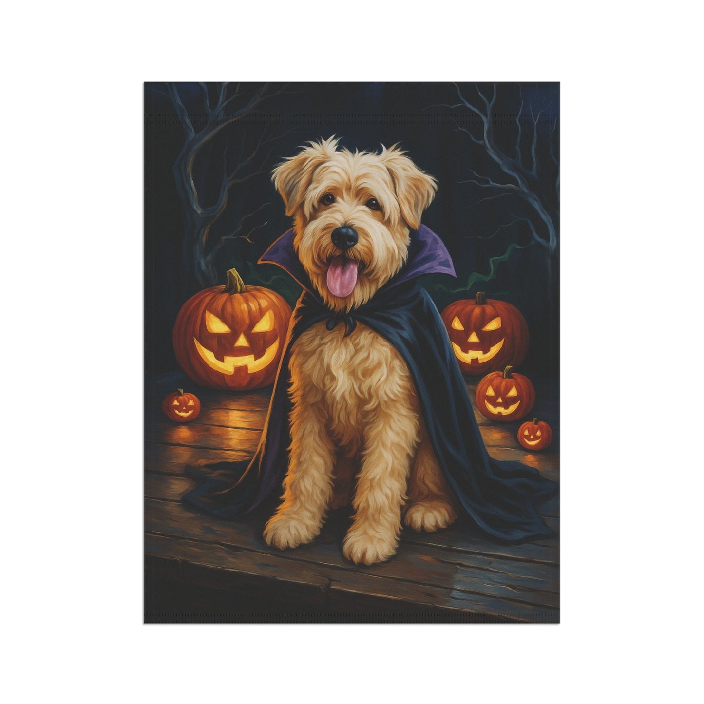 Printify Home Decor Halloween Wheaten Dog Garden Flag – Vampire Pumpkin Yard Banner, Fall Outdoor Decor