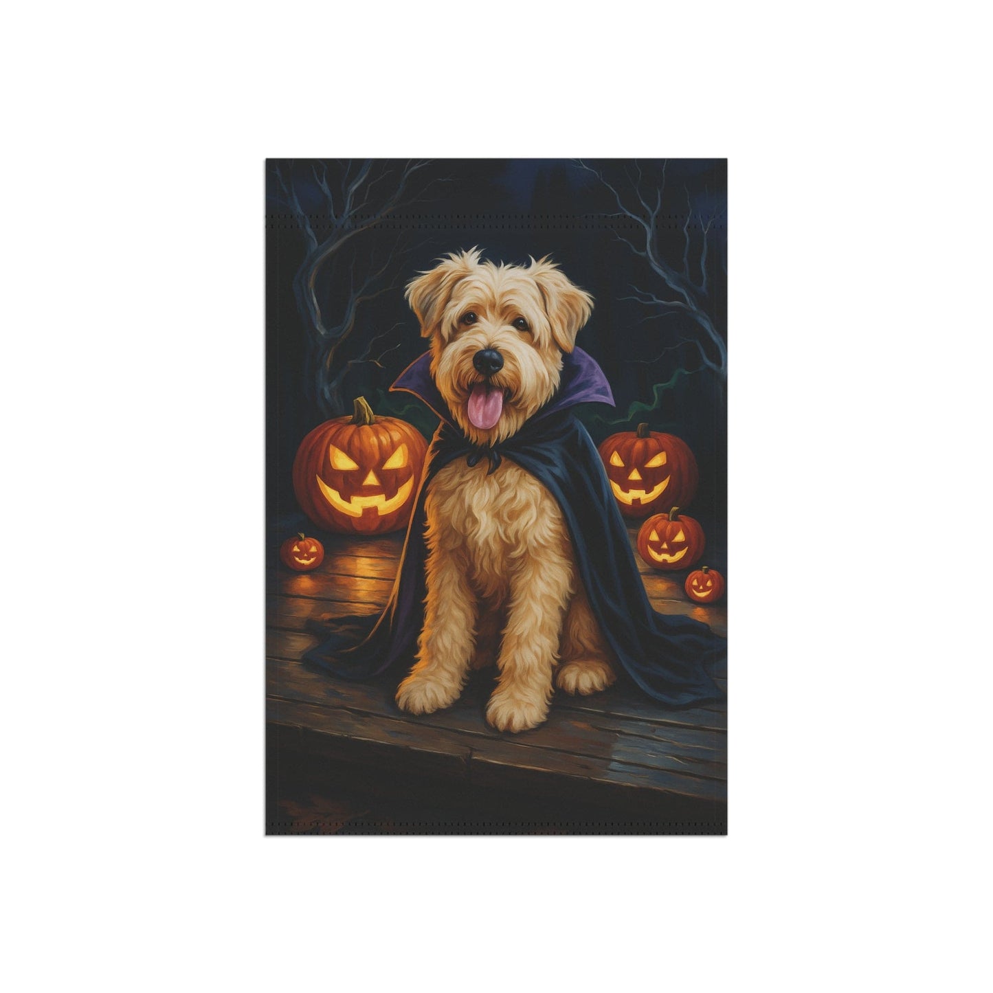 Printify Home Decor Halloween Wheaten Dog Garden Flag – Vampire Pumpkin Yard Banner, Fall Outdoor Decor
