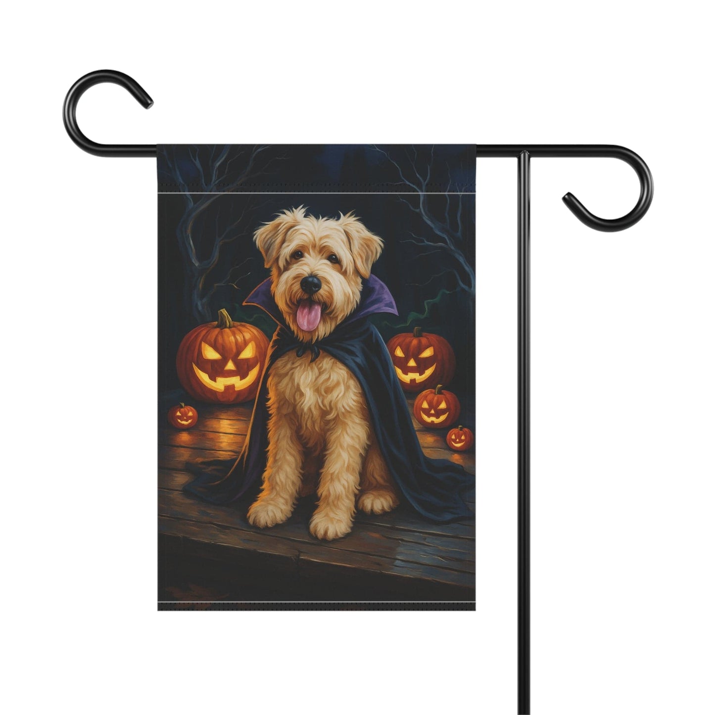 Printify Home Decor Halloween Wheaten Dog Garden Flag – Vampire Pumpkin Yard Banner, Fall Outdoor Decor
