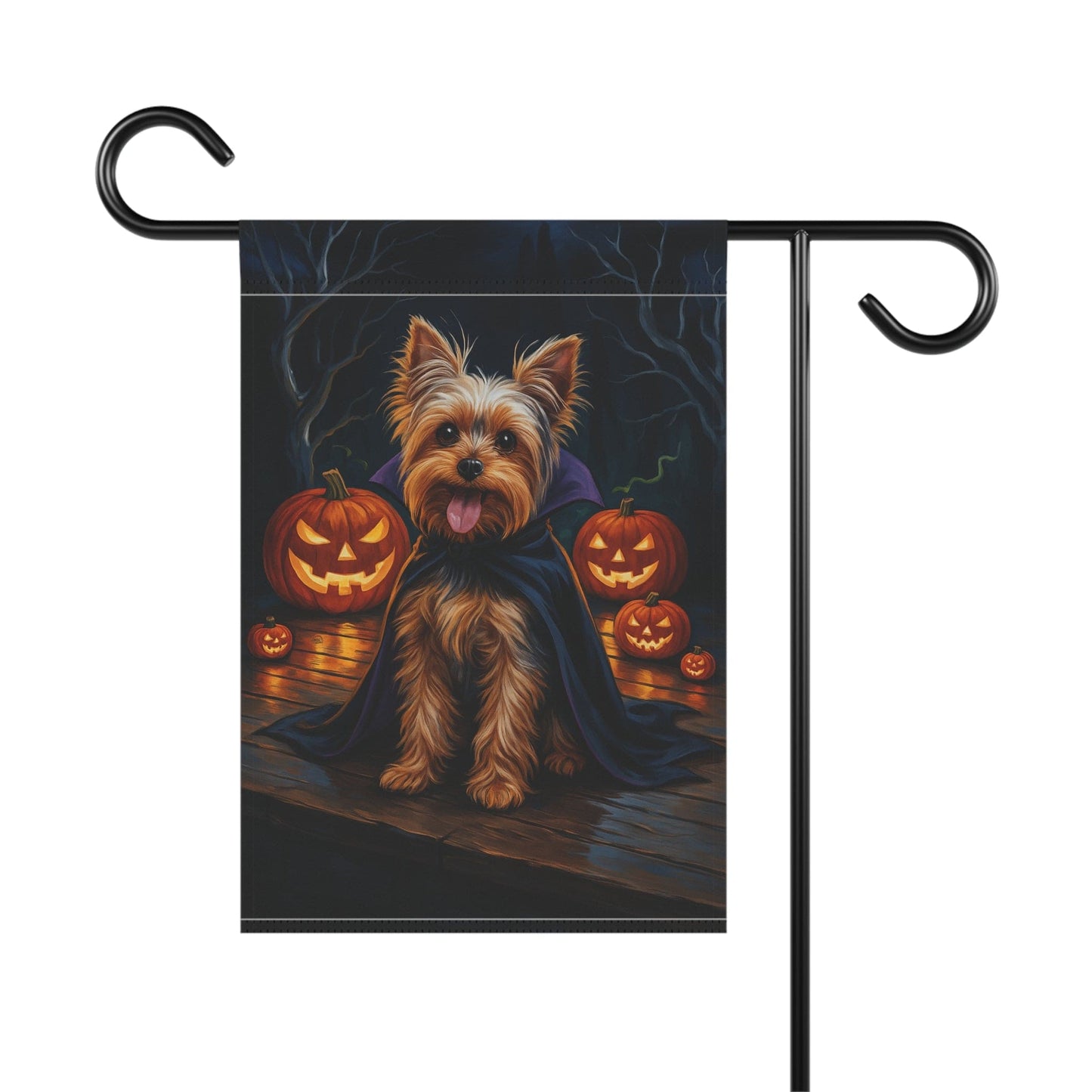 Printify Home Decor Halloween Yorkshire Terrier Dog Garden Flag, Yorkie Vampire Pumpkin Yard Banner, Fall