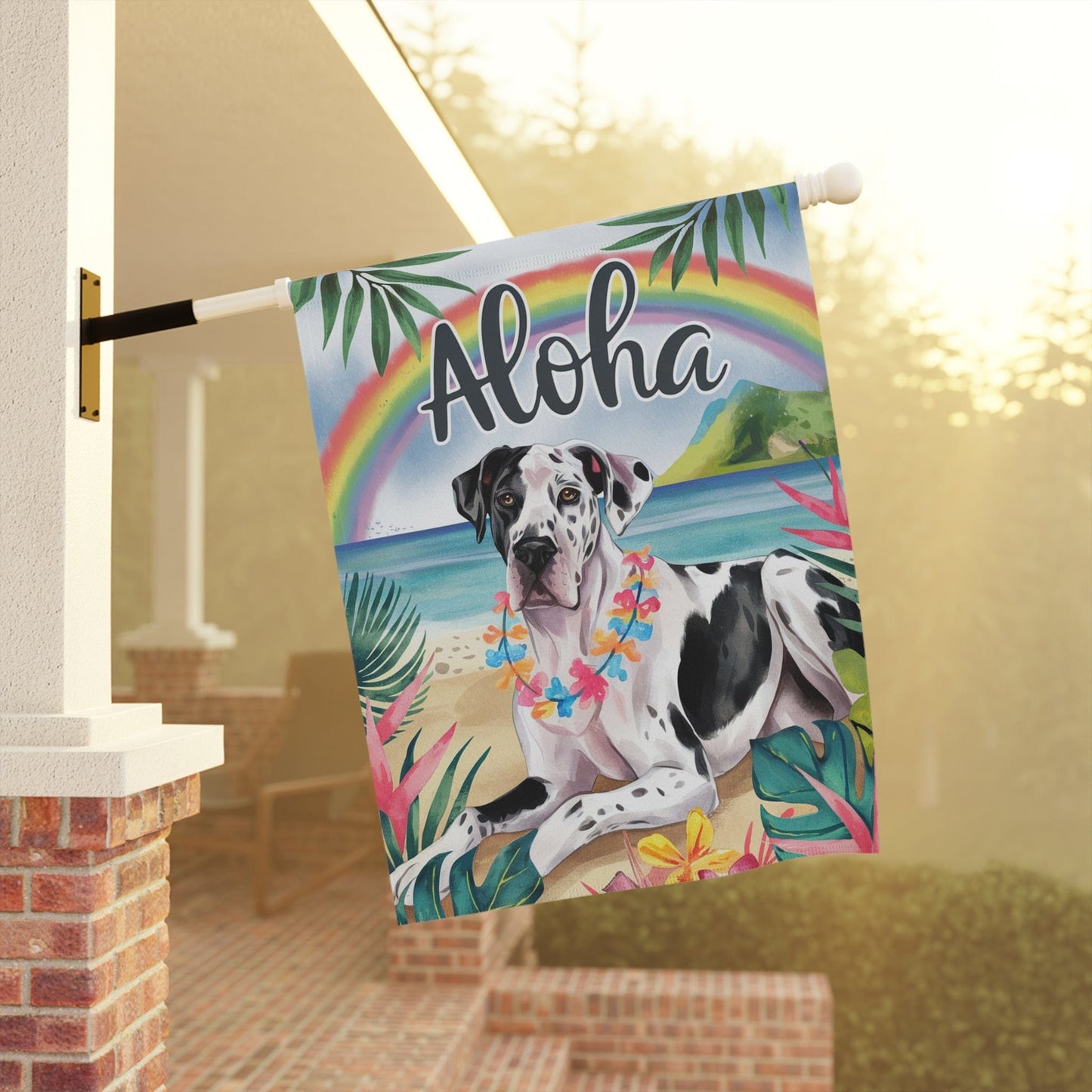 Harlequin Great Dane Aloha Garden Flag