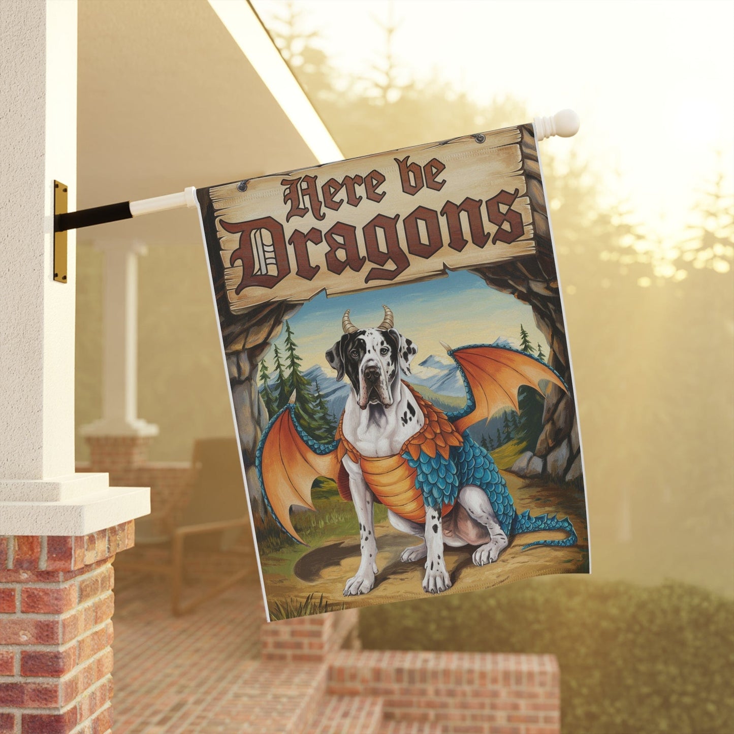 Printify Home Decor Harlequin Great Dane Dog Mythical Fantasy Dragon Garden Flag, Funny Pet Front Yard Spring Decor