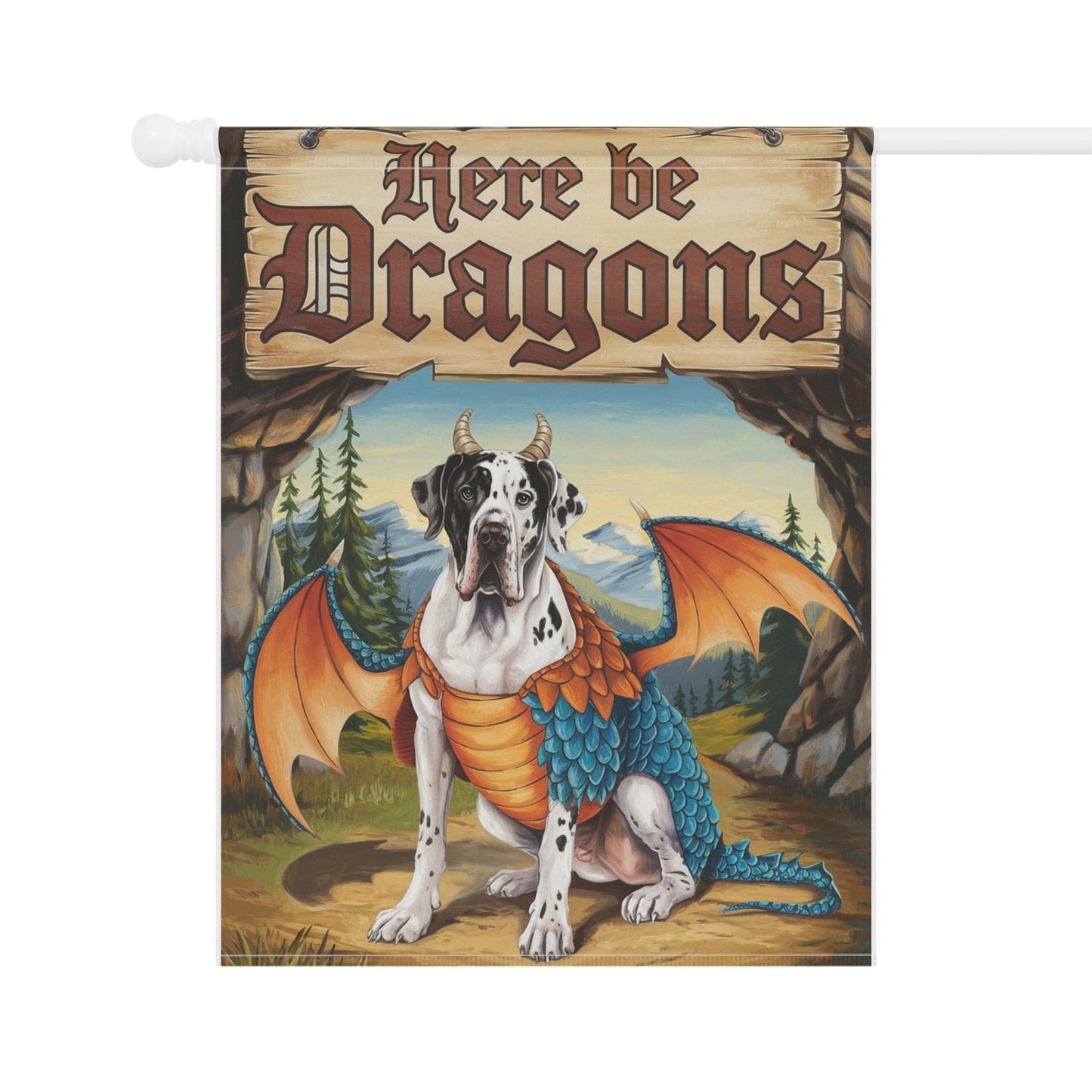 Printify Home Decor Harlequin Great Dane Dog Mythical Fantasy Dragon Garden Flag, Funny Pet Front Yard Spring Decor