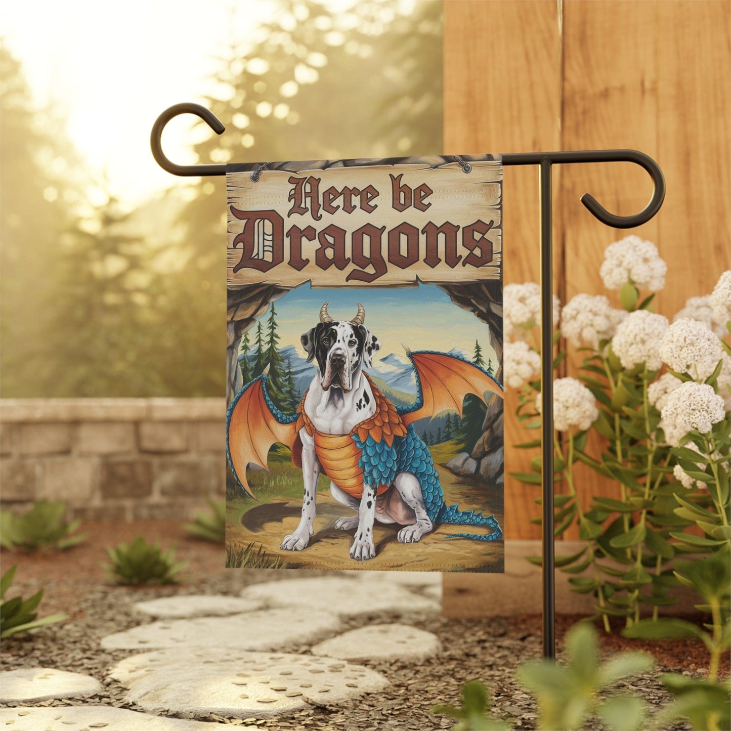 Printify Home Decor Harlequin Great Dane Dog Mythical Fantasy Dragon Garden Flag, Funny Pet Front Yard Spring Decor