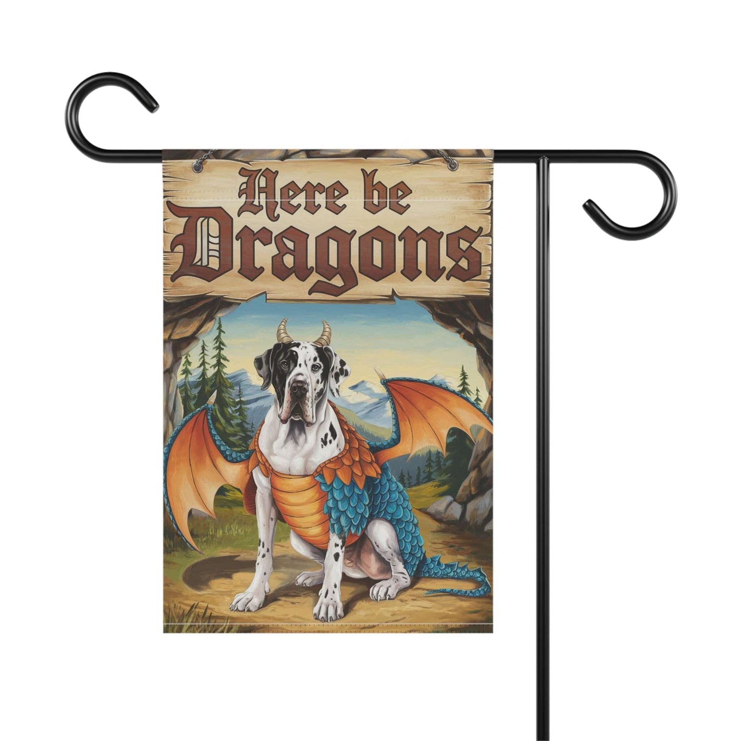Printify Home Decor Harlequin Great Dane Dog Mythical Fantasy Dragon Garden Flag, Funny Pet Front Yard Spring Decor