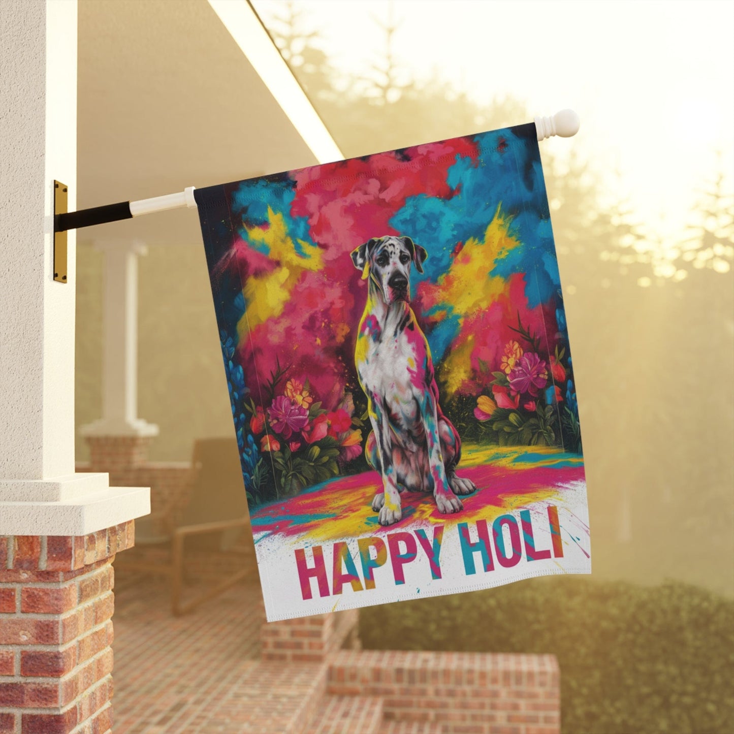 Printify Home Decor Harlequin Great Dane Holi Garden Flag, Indian Spring Festival, Dog Lovers, Yard Outside Decor
