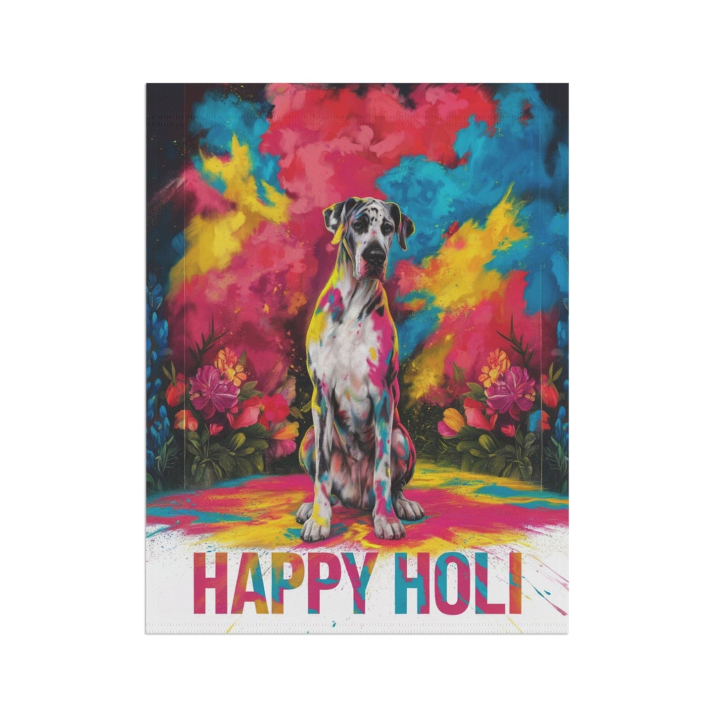 Printify Home Decor Harlequin Great Dane Holi Garden Flag, Indian Spring Festival, Dog Lovers, Yard Outside Decor