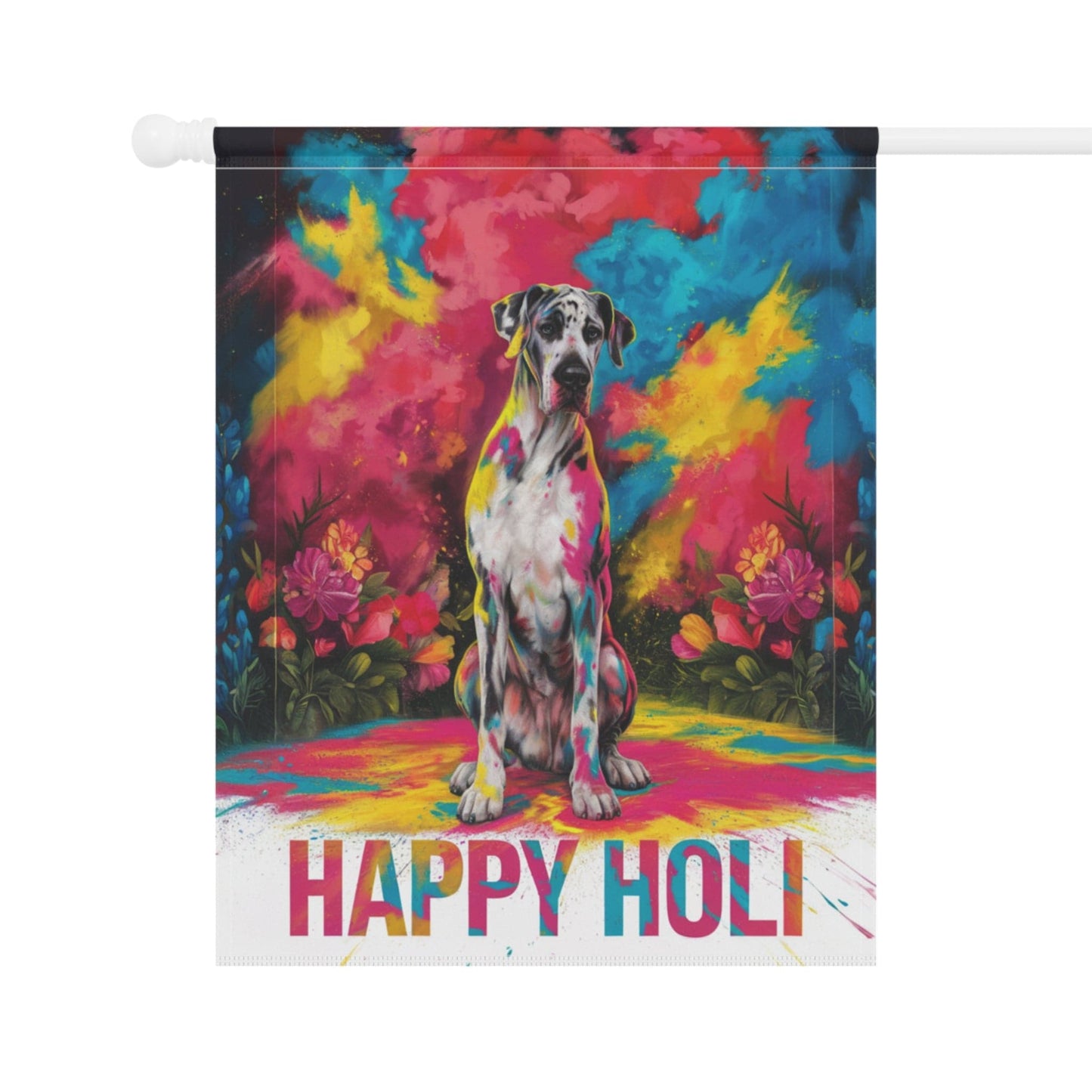 Printify Home Decor Harlequin Great Dane Holi Garden Flag, Indian Spring Festival, Dog Lovers, Yard Outside Decor