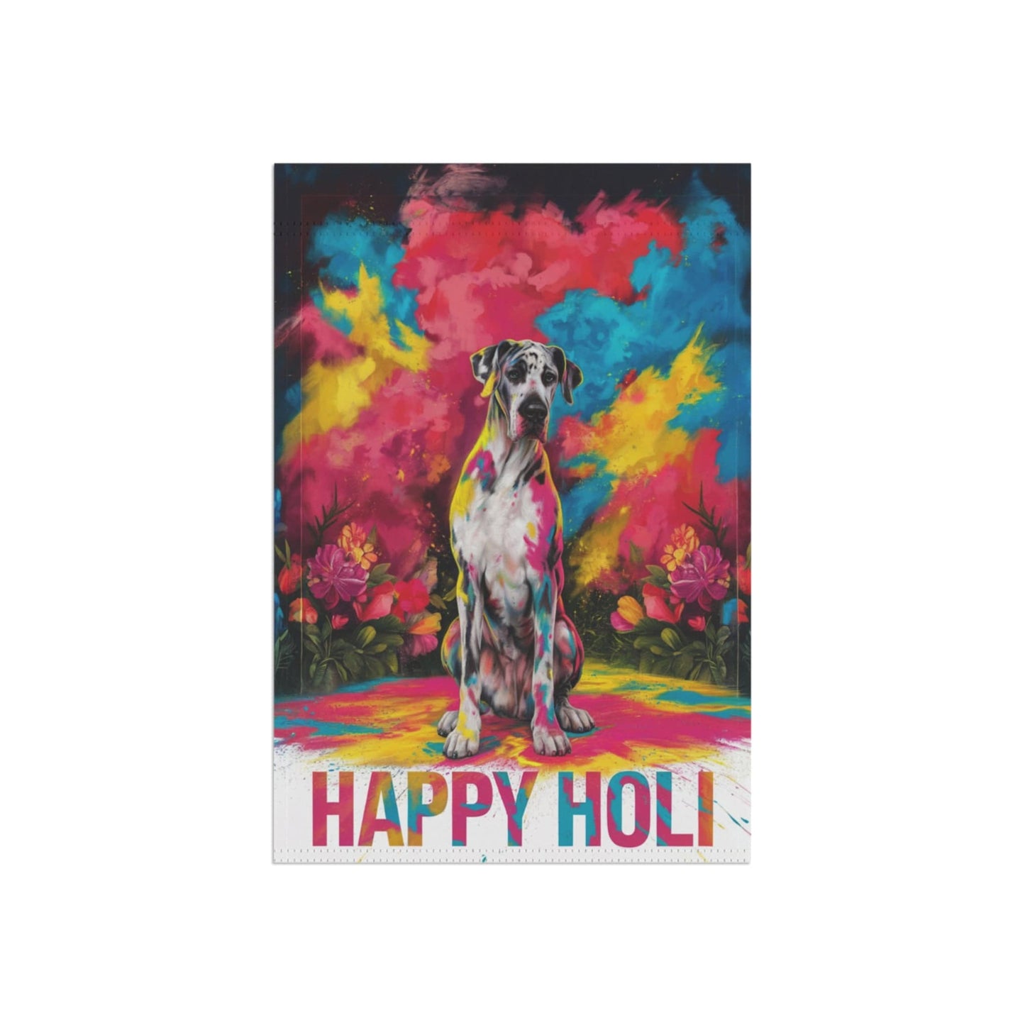 Printify Home Decor Harlequin Great Dane Holi Garden Flag, Indian Spring Festival, Dog Lovers, Yard Outside Decor