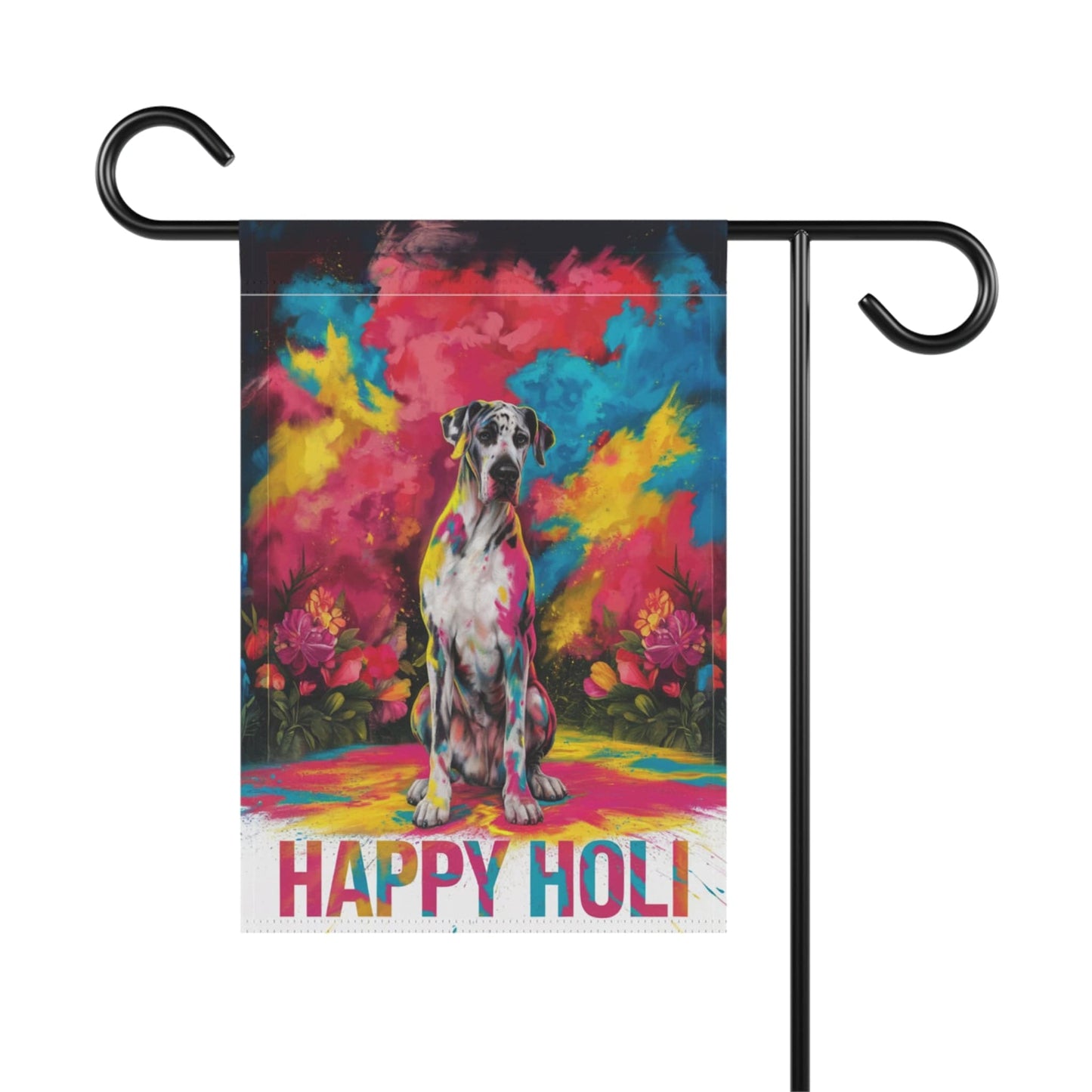 Printify Home Decor Harlequin Great Dane Holi Garden Flag, Indian Spring Festival, Dog Lovers, Yard Outside Decor