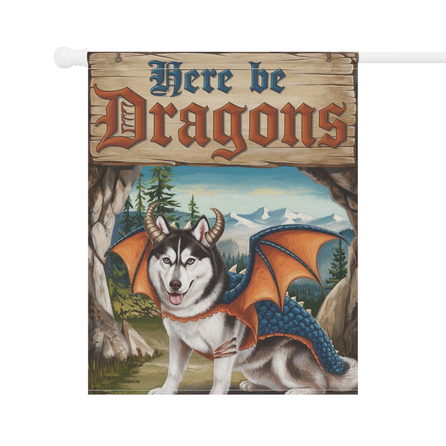Printify Home Decor Husky Dog Dragon Garden Flag, Fantasy Pet Adventure, Yard Spring Decor, Housewarming Halloween
