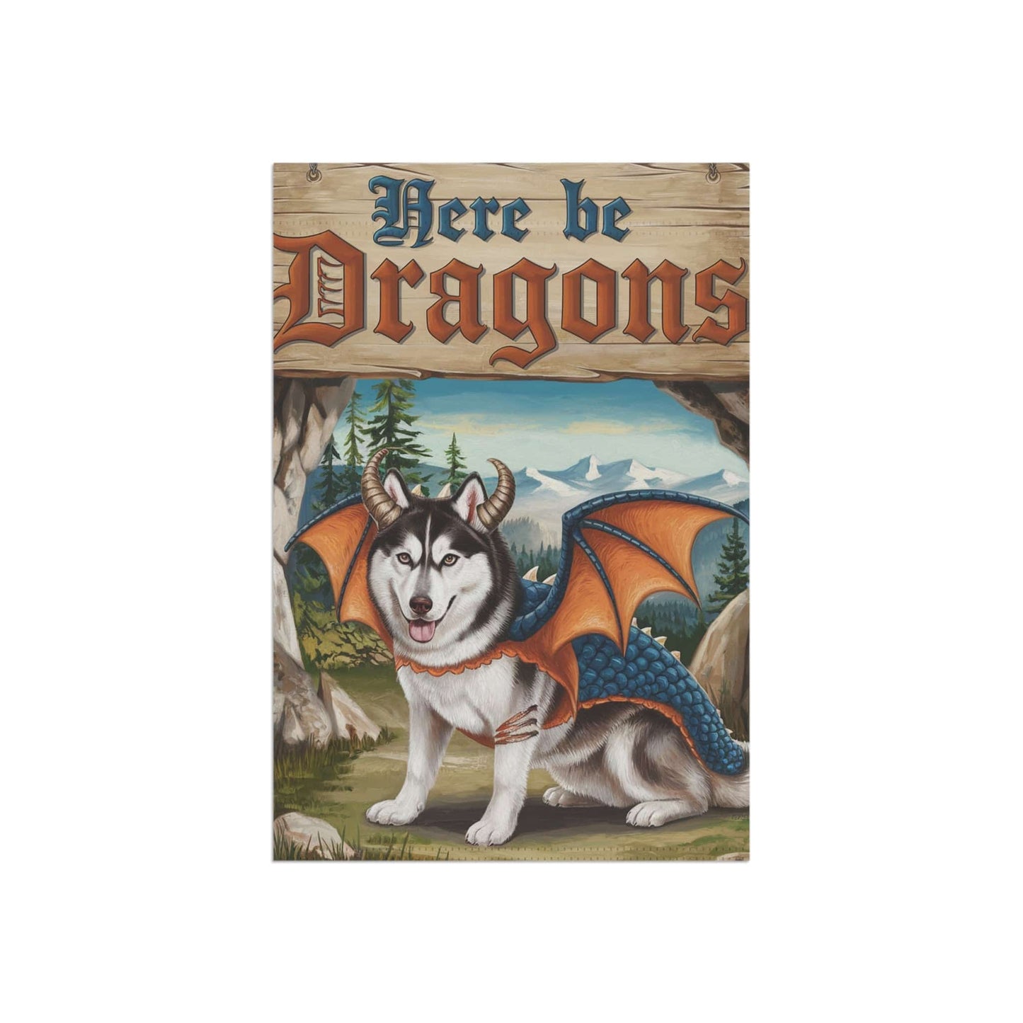 Printify Home Decor Husky Dog Dragon Garden Flag, Fantasy Pet Adventure, Yard Spring Decor, Housewarming Halloween
