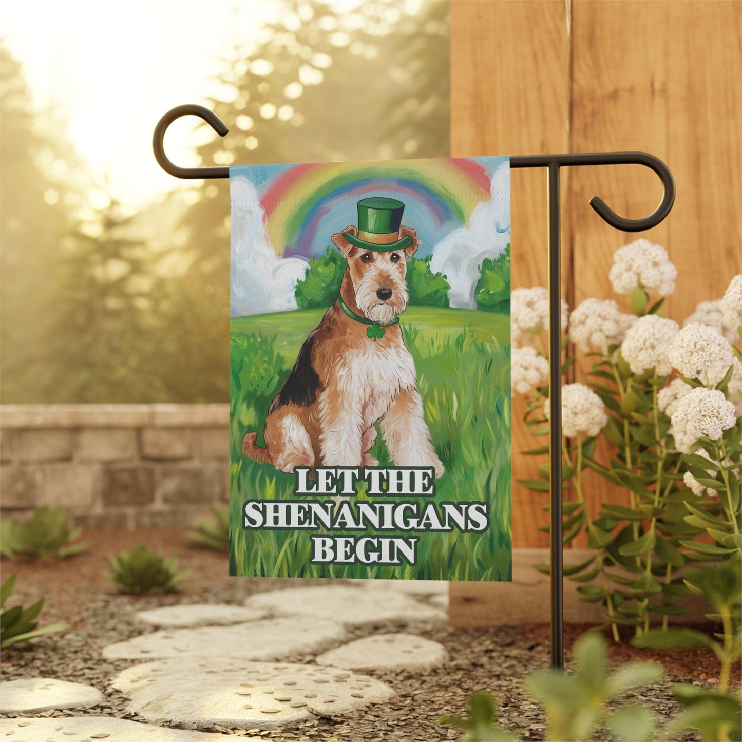 Printify Home Decor Irish Airedale Terrier Garden Flag, Saint Patricks Day Funny Dog Lovers Yard Outside Decor, Spring Shenanigans