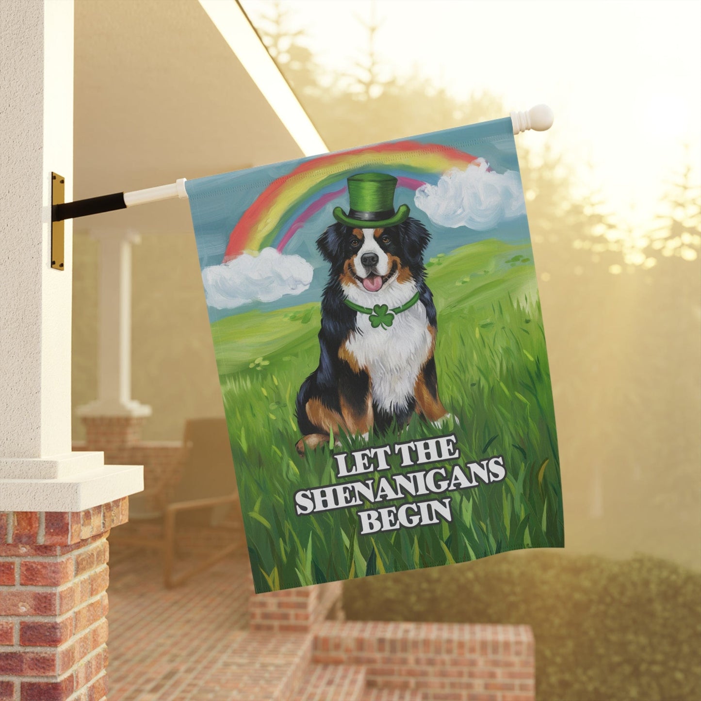 Printify Garden Flag Irish Bernese Mountain Dog Garden Flag, Saint Patricks Day Funny Dog Lovers