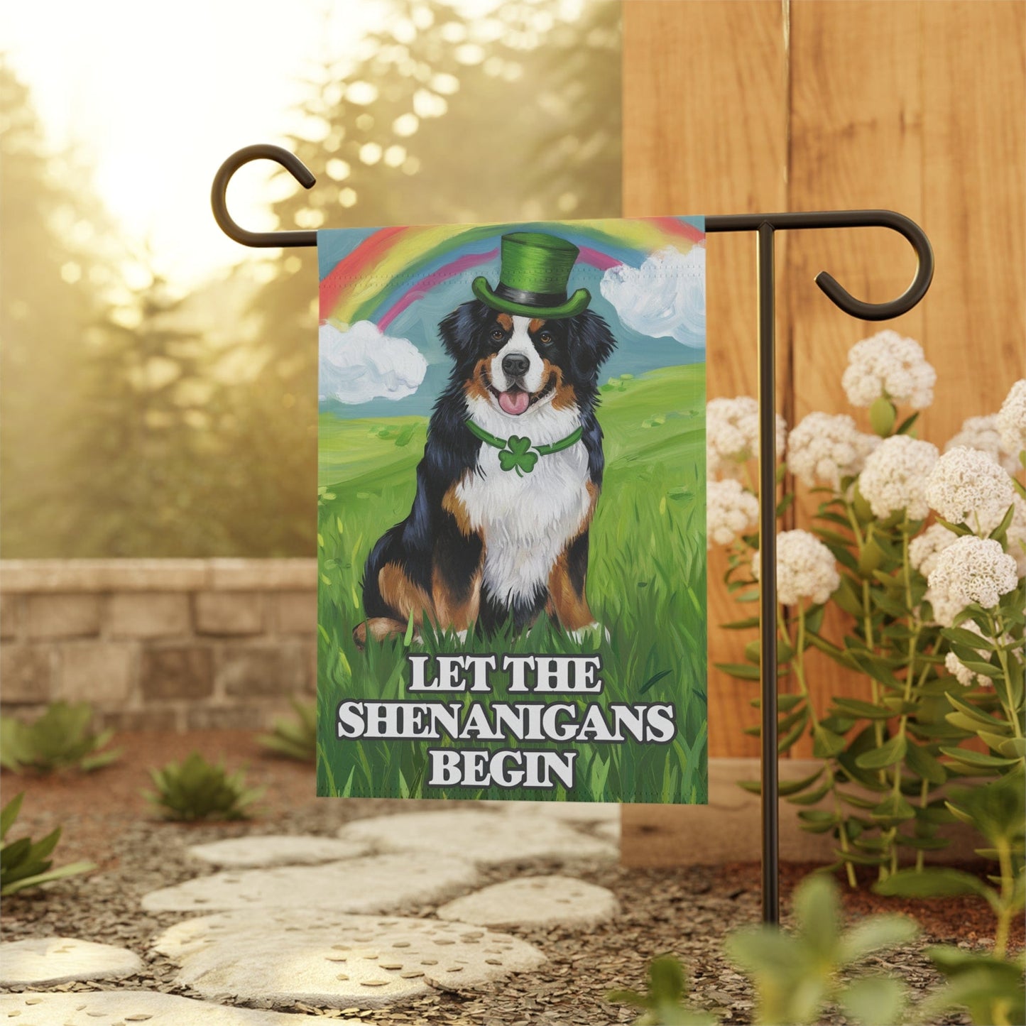 Printify Garden Flag Irish Bernese Mountain Dog Garden Flag, Saint Patricks Day Funny Dog Lovers