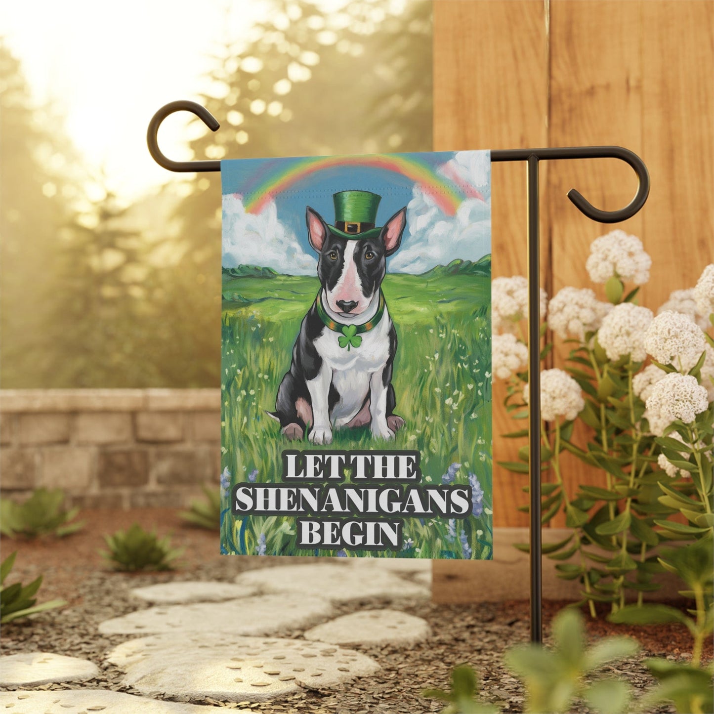 Irish Black Bull Terrier Garden Flag, St Patricks Day Funny Dog Lovers Yard Outside Decor